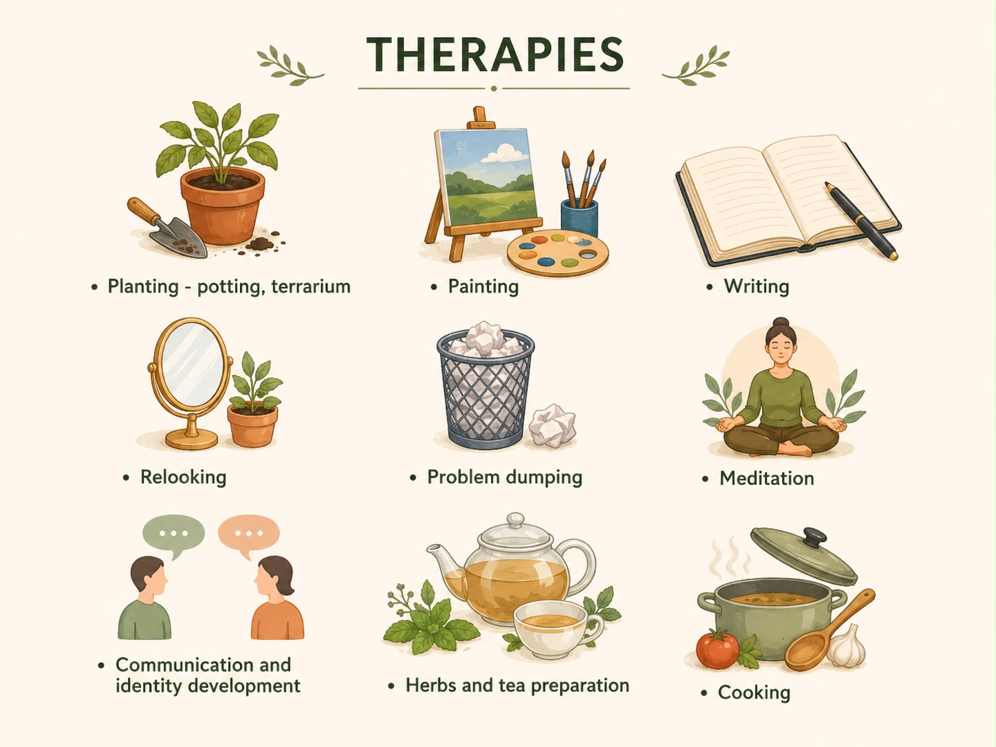 Illustrated overview of Afih Ya therapies: planting, painting, writing, relooking, problem dumping, meditation, communication and identity development, herbs and tea preparation, and cooking